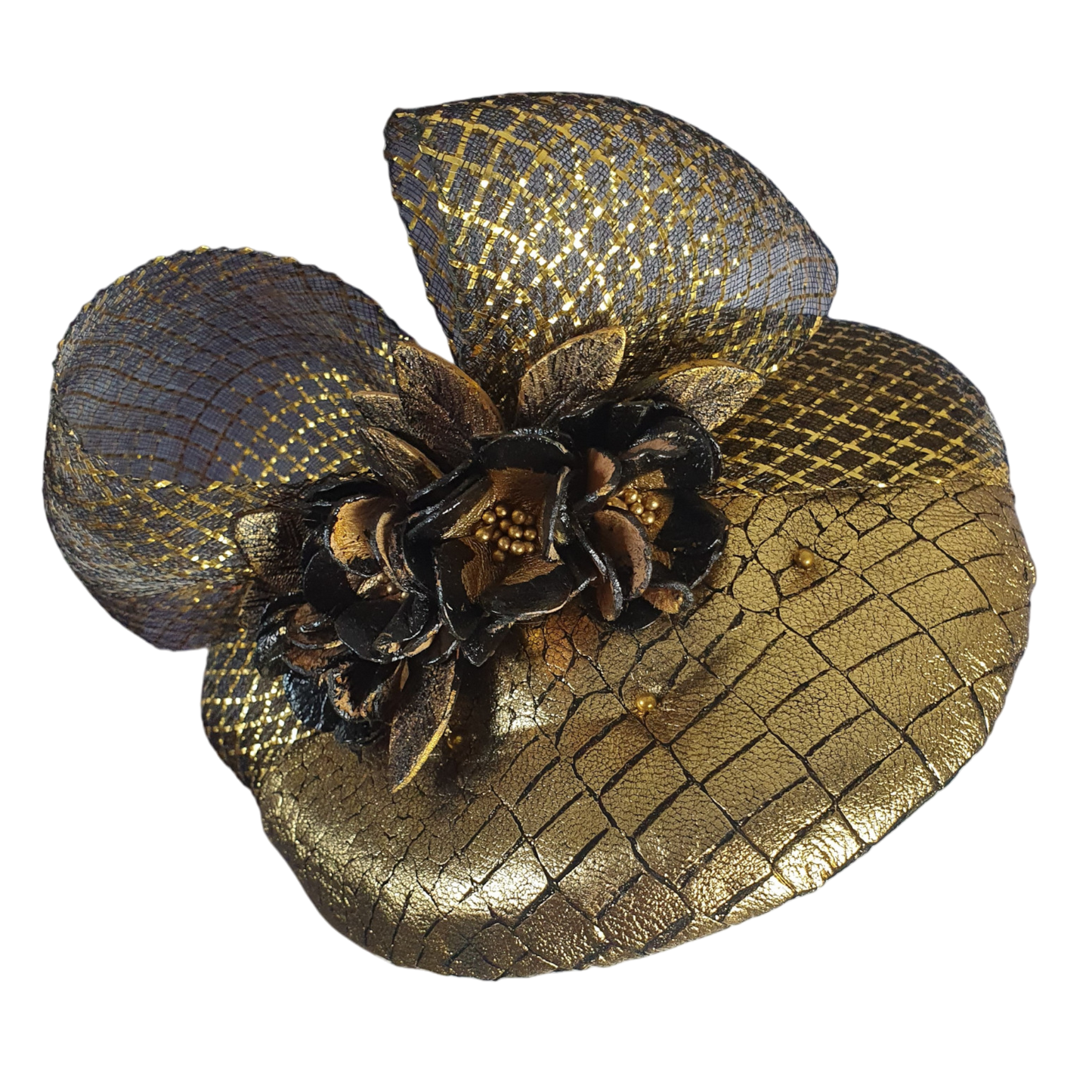 Fascinator handgemaakt in goud leer met zwart, bruiloft hoofdtooi, elegante dameshoed voor een speciale gelegenheid