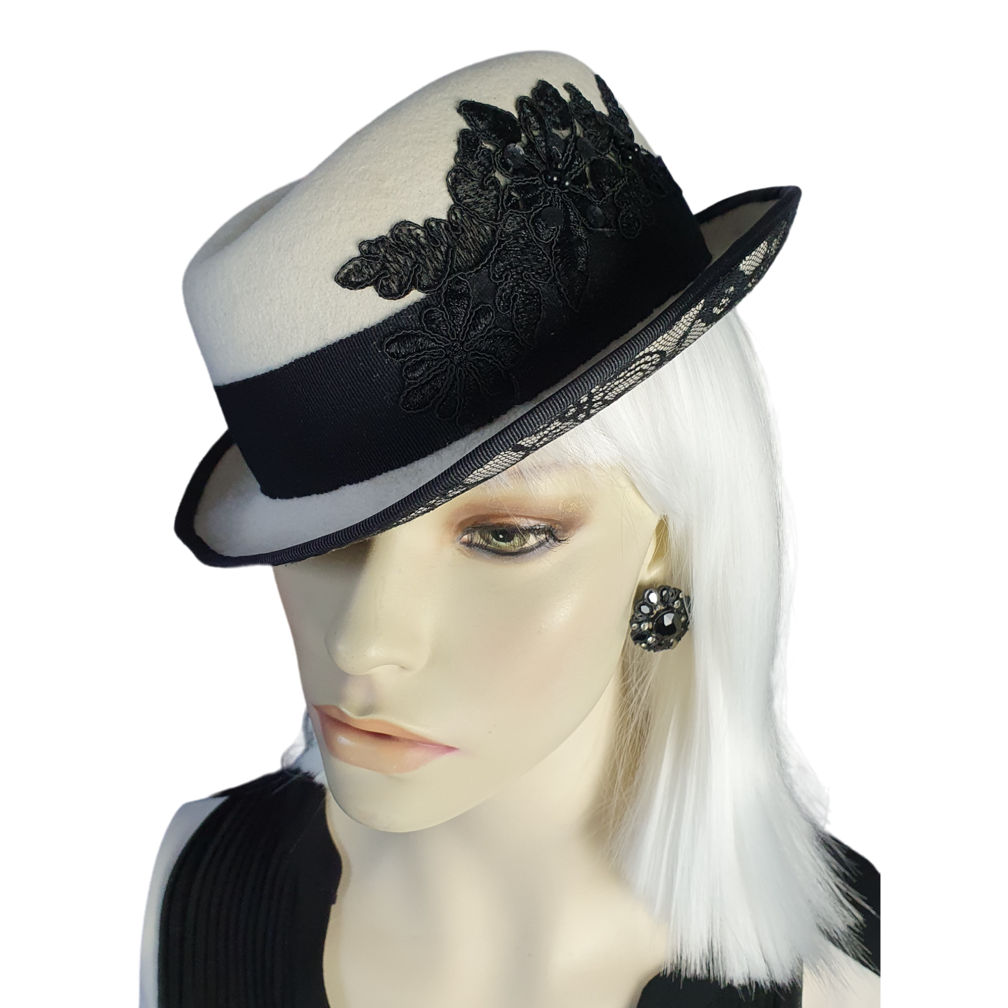 Handgemaakte vilten hoed zwart en wit, elegante vintage hoed fedora met kant -Perfect voor de herfst & winter en speciale gelegenheden