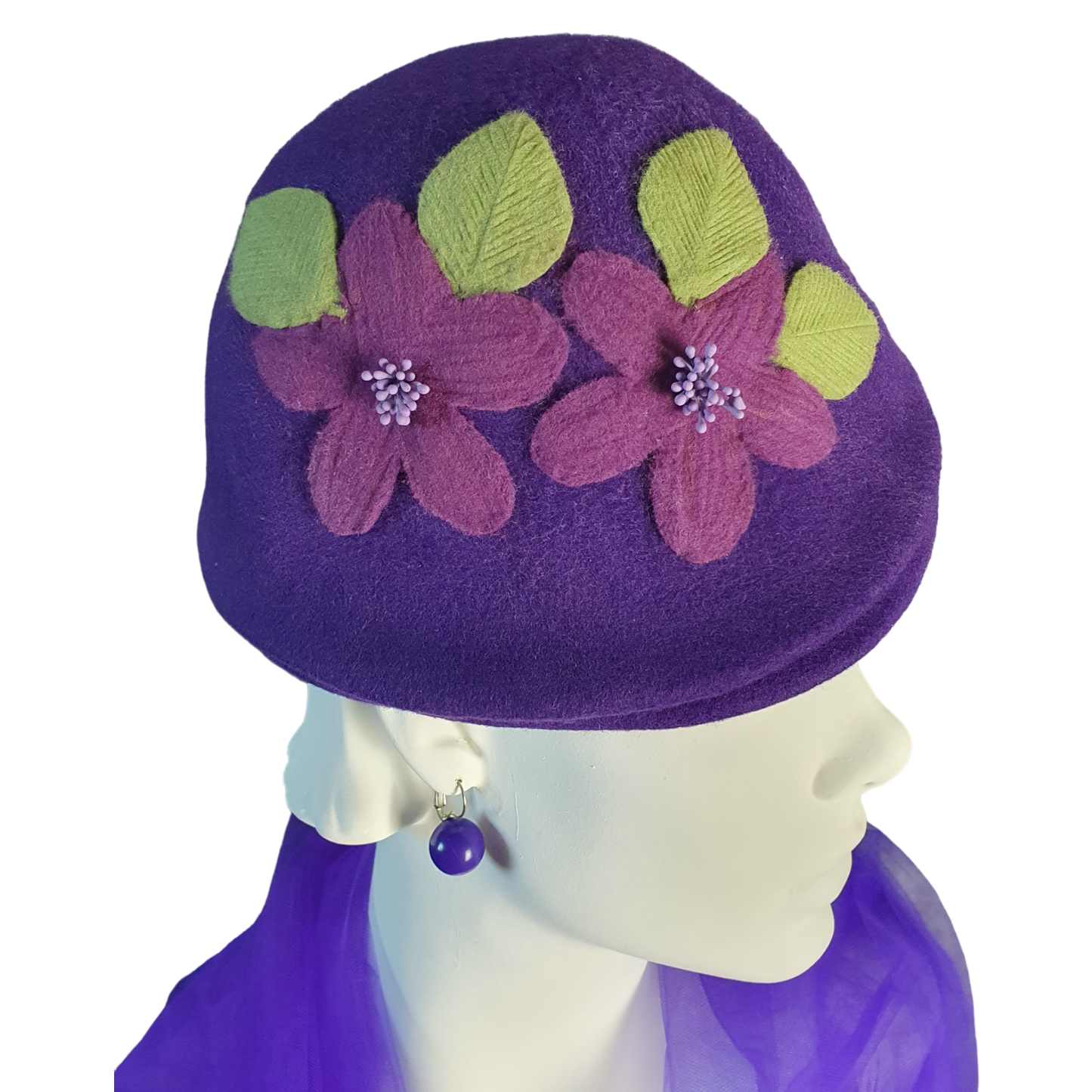 Handgemaakte Paarse Vilten Damespet met Bloemen en Bladeren - Vintage Stijl voor Herfst en Winter