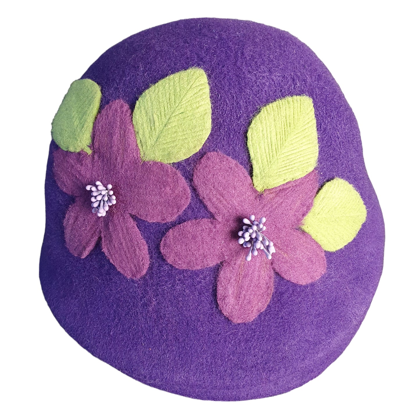 Handgemaakte Paarse Vilten Damespet met Bloemen en Bladeren - Vintage Stijl voor Herfst en Winter