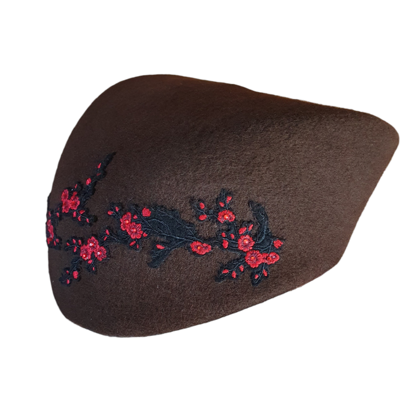Handgemaakte bruine pillbox asymmetrische vilthoed met kant, hoofdtooi voor dames, elegante hoed, bruiloft, speciale evenementen