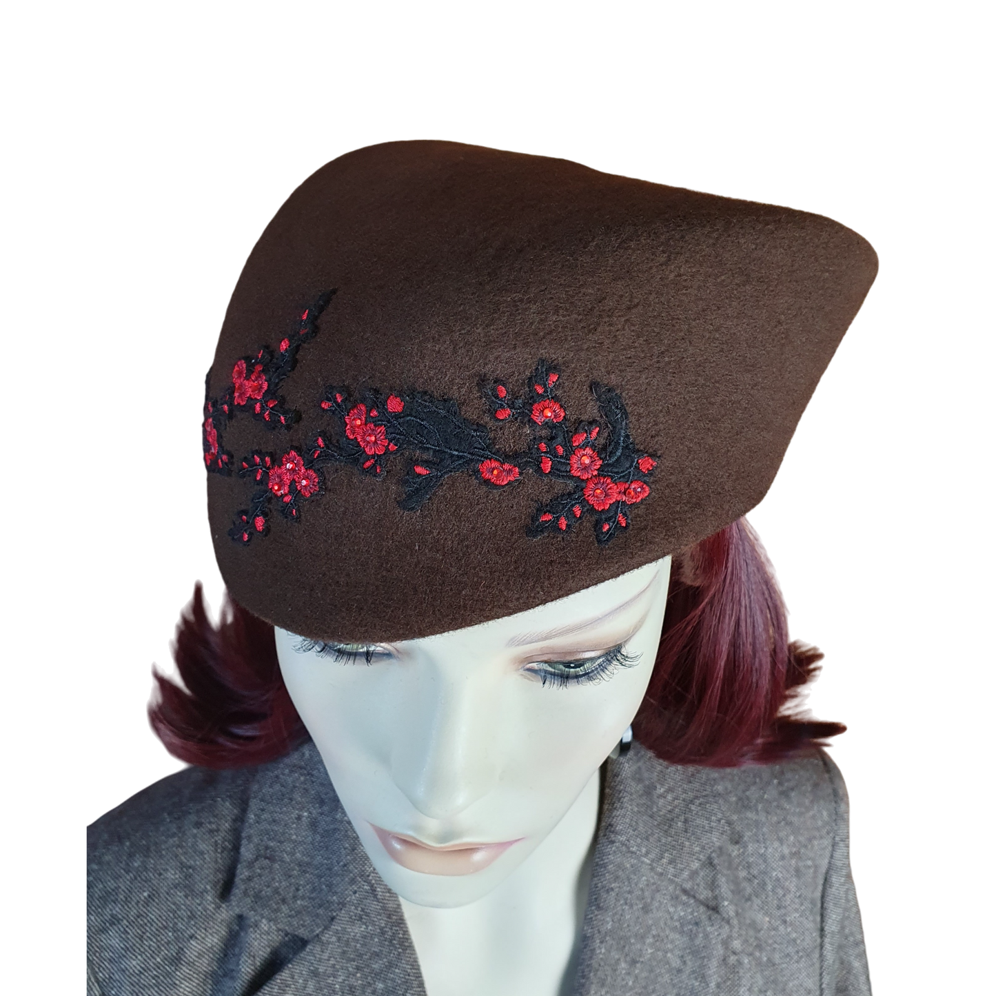 Handgemaakte bruine pillbox asymmetrische vilthoed met kant, hoofdtooi voor dames, elegante hoed, bruiloft, speciale evenementen