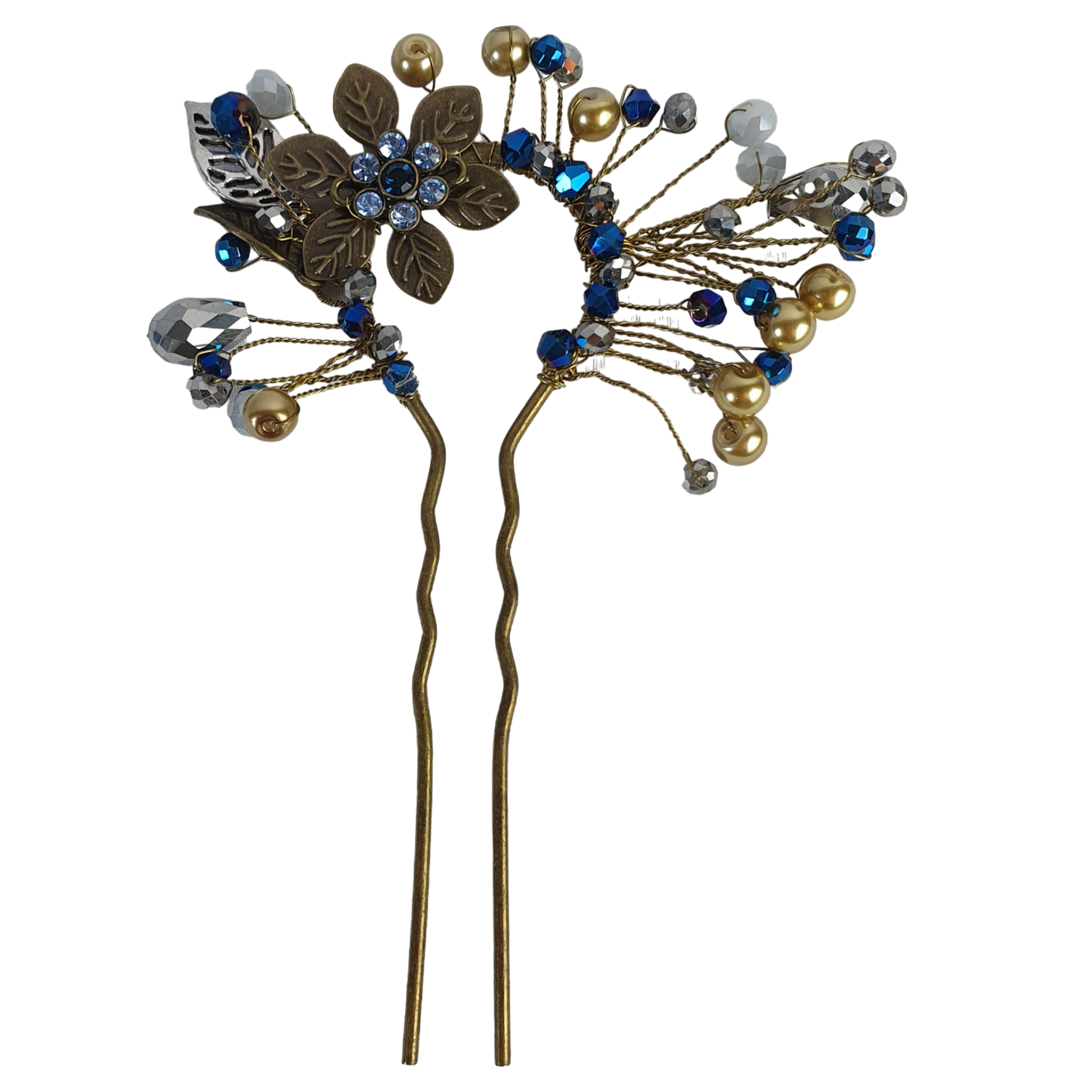 Elegante handgemaakte haarkam met koperkleurige metalen kam en blauwe stenen - bruidshaarkam, haaraccessoires