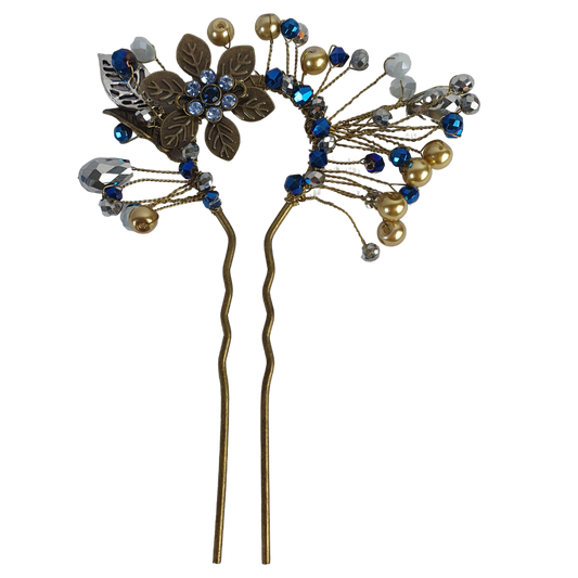 Elegante handgemaakte haarkam met koperkleurige metalen kam en blauwe stenen - bruidshaarkam, haaraccessoires