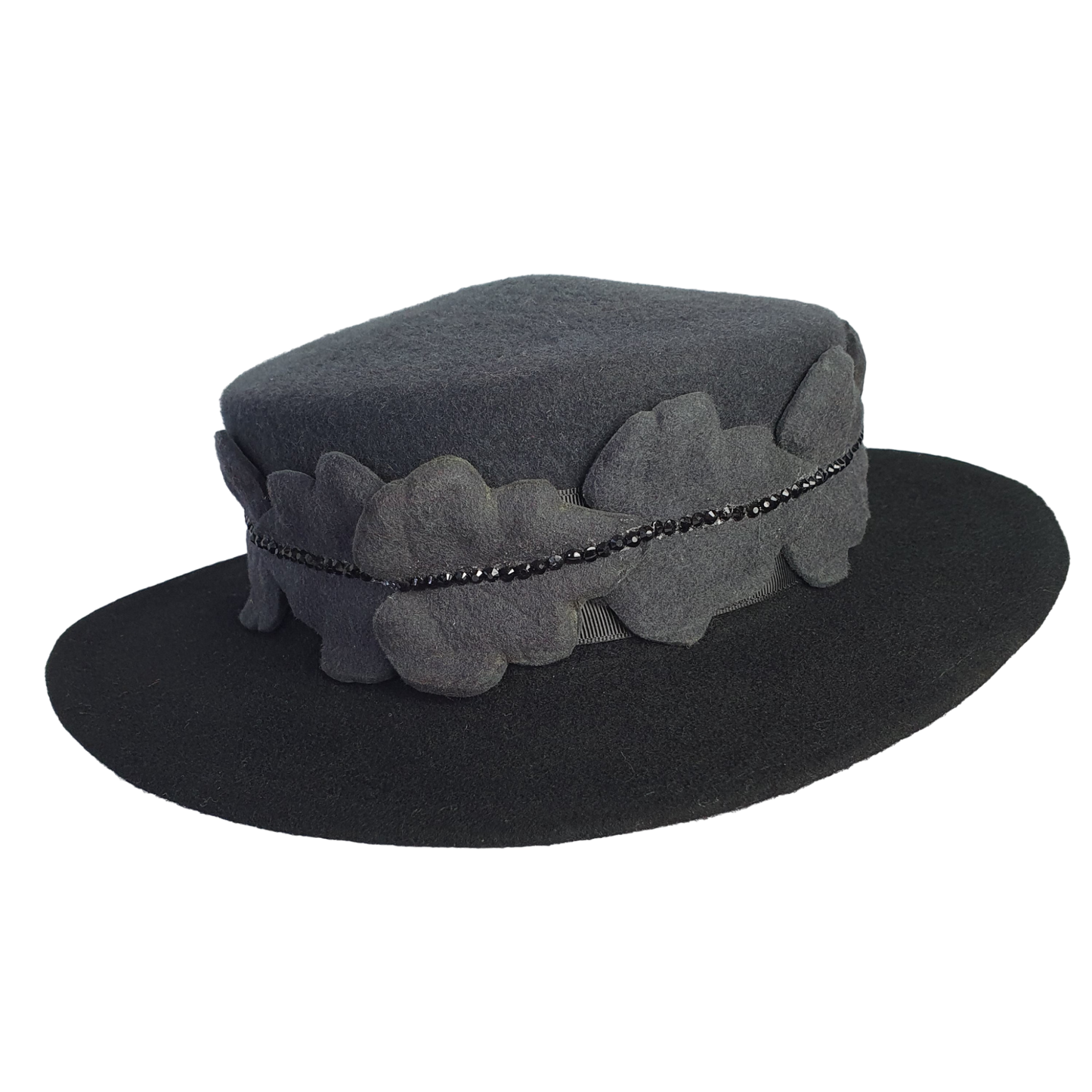 Handgemaakte vilthoed, grijs met zwart, dameshoed, elegante fascinator, herfst-winter hoofdtooi, speciale evenementen
