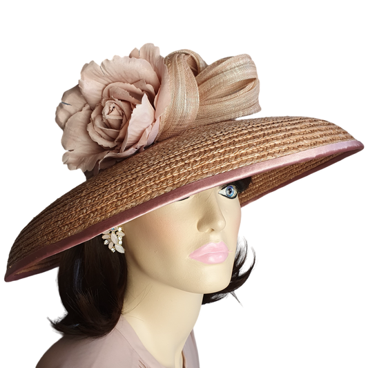 Elegante handgemaakte dameshoed, roze met abaca zijde, trouwhoed, gast hoofdtooi, zomerhoed, strohoed, speciale gelegenheden