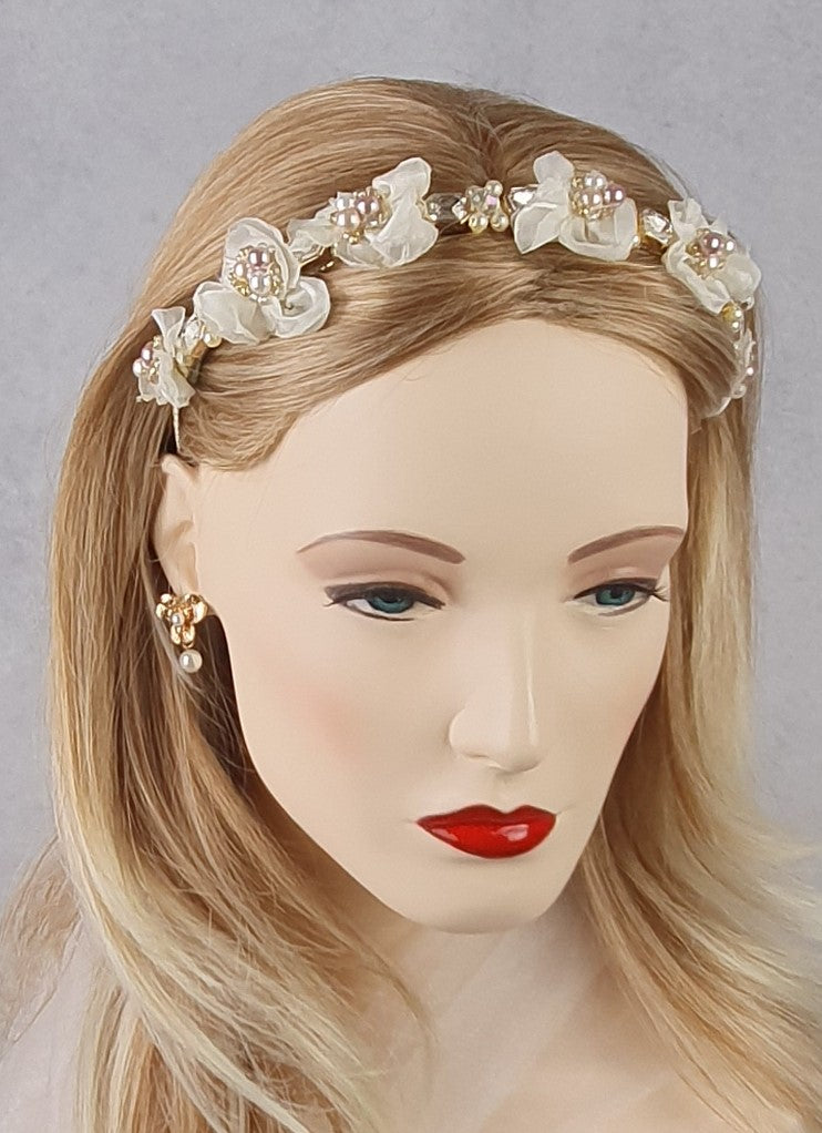 Handgemaakte hoofdband ivoorkleurig met parels organza stof - Mooie hoofdband, unieke feestelijke diadeem, bruiloft, speciale gelegenheid