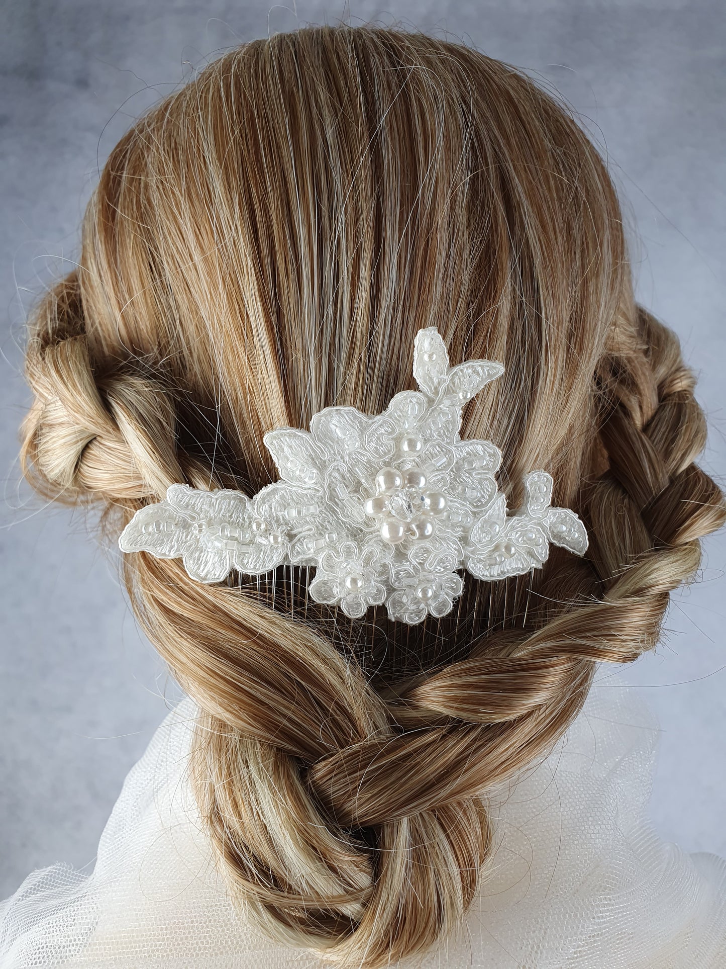 Modern handmade bridal hair comb with white beads and pearls - metal hair comb