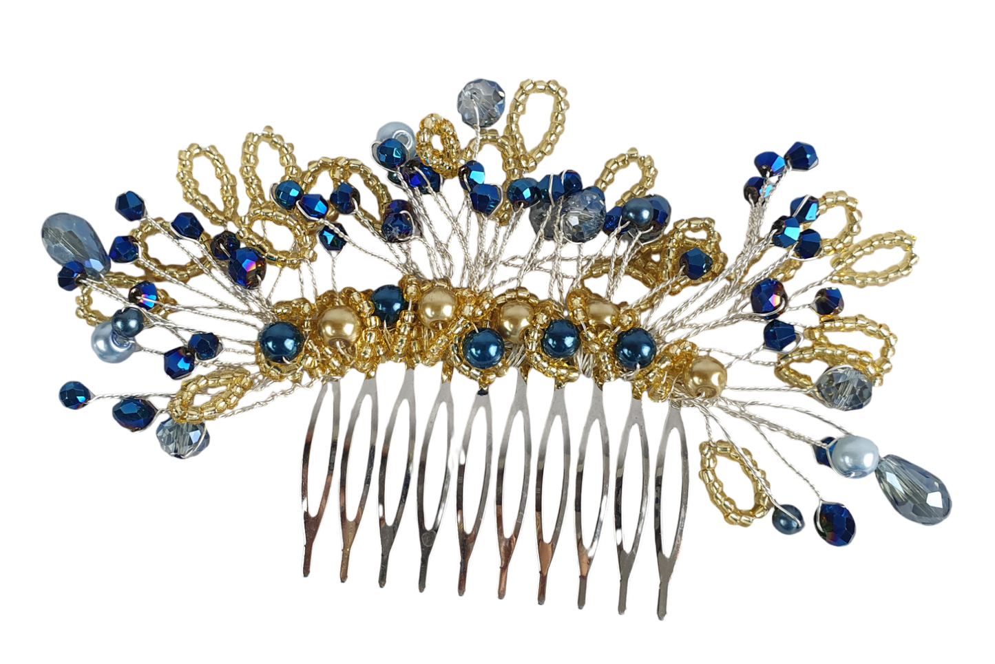 Handgemaakte bruidskam met blauwe parels en druppelstenen - elegant haaraccessoire voor bruiloften en feesten, zilverkleurige metalen kam