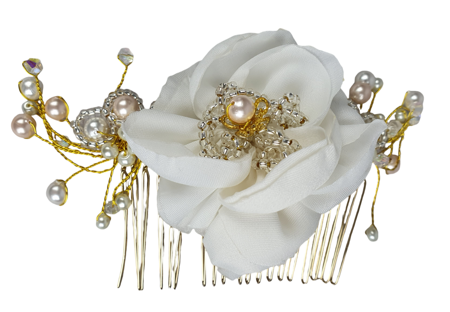 Bruidskam met zijden bloem en parels - Handgemaakt met parels, kralen, elegant haaraccessoire, kam voor bruilof, speciale evenementen