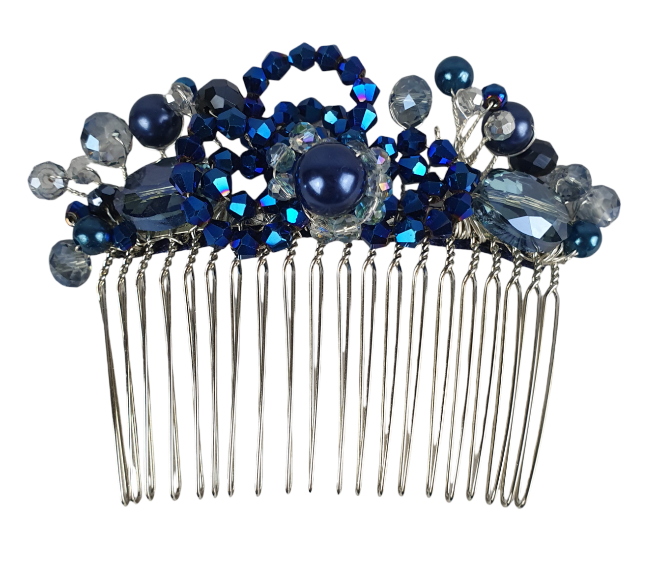 Handgemaakte blauwe haarkam, met bincone parels en kralen - voor bij een speciale gelegenheid, elegante haaraccessoire, bruiloftshaarkam