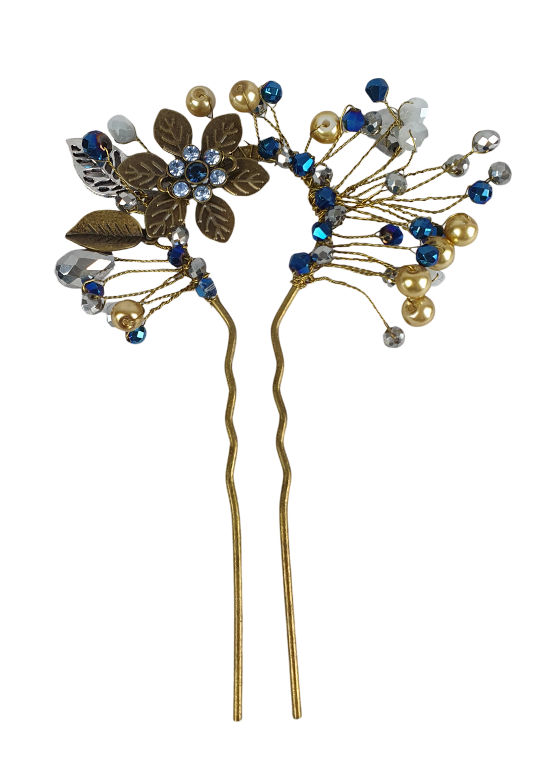 Elegante handgemaakte haarkam met koperkleurige metalen kam en blauwe stenen - bruidshaarkam, haaraccessoires