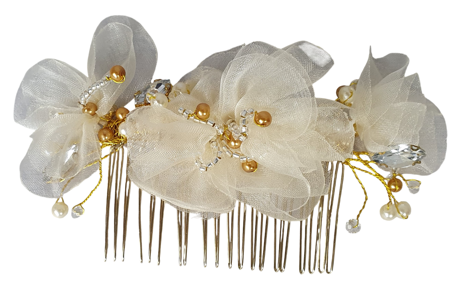 Handgemaakte bruidskam met parels, druppelstenen en organza zijde bloemen - haaraccessoire voor bruiloften, goudkleurige metalen Kam