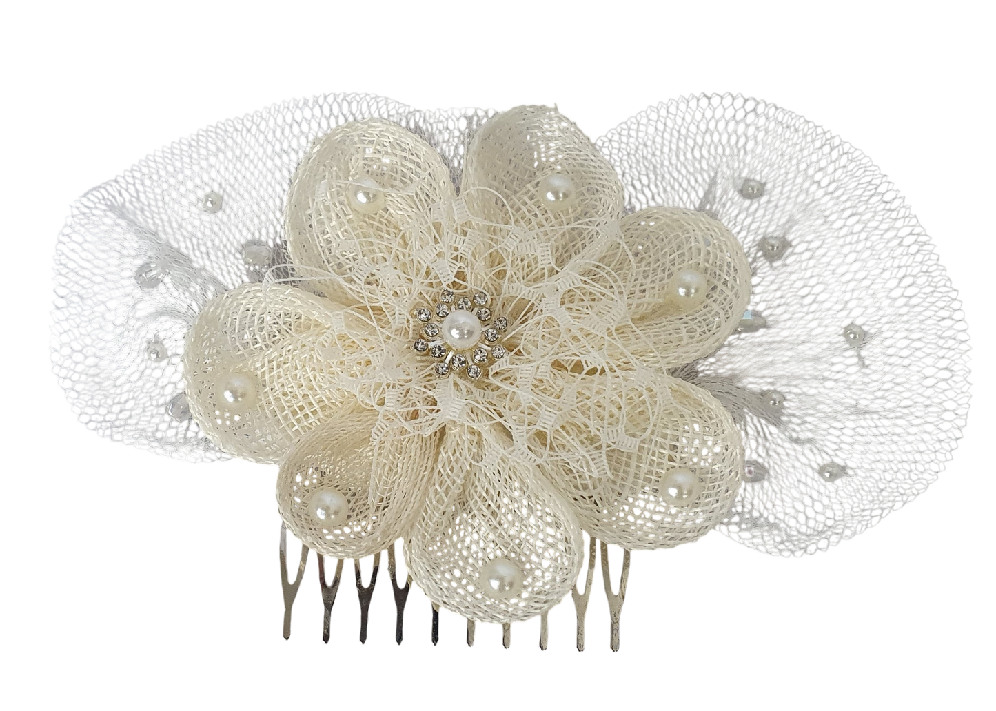 Bruidshaarkam met sinamay bloem, handgemaakt met parels, rocailles kralen, elegante haaraccessoire, huwelijkskam, speciale evenementen