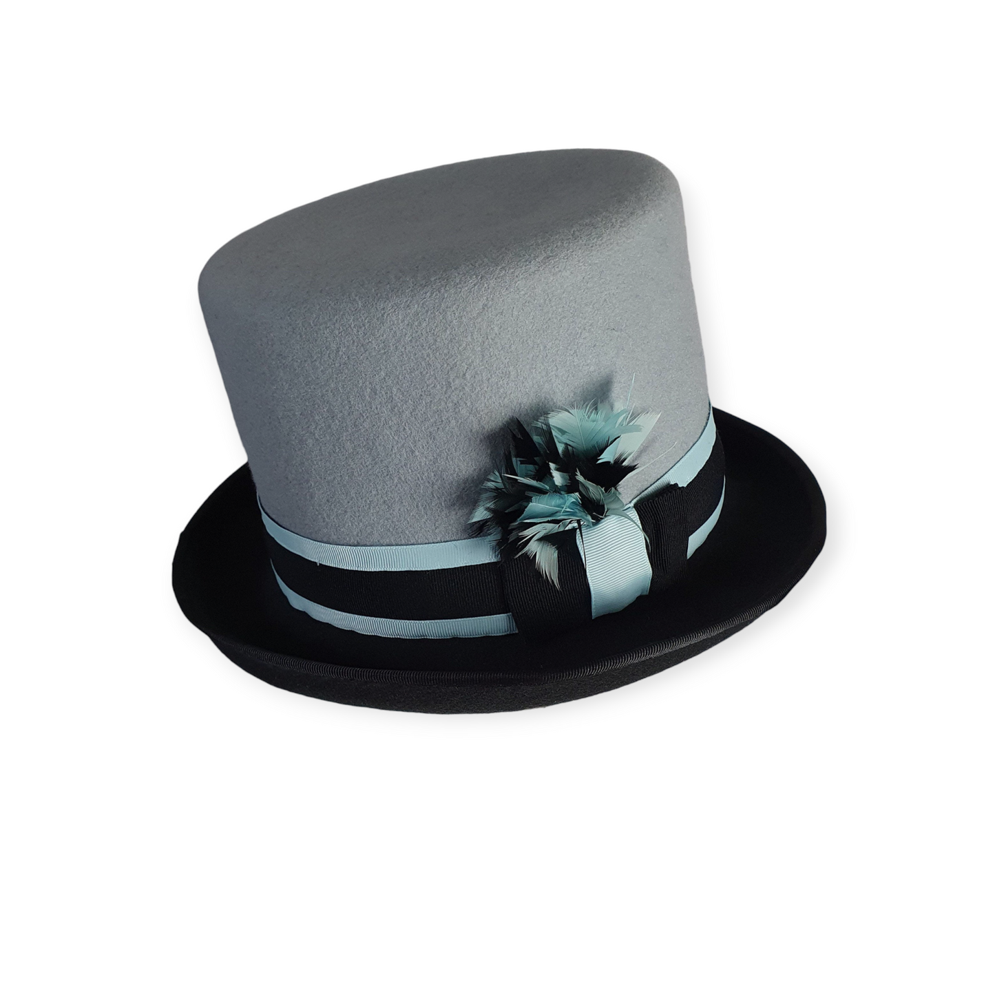 Handgemaakte vilthoed met fazantenveren, blauw met donkergrijze hoge hoed, unisex hoed, Victoriaanse hoed-perfect voor speciale gelegenheden
