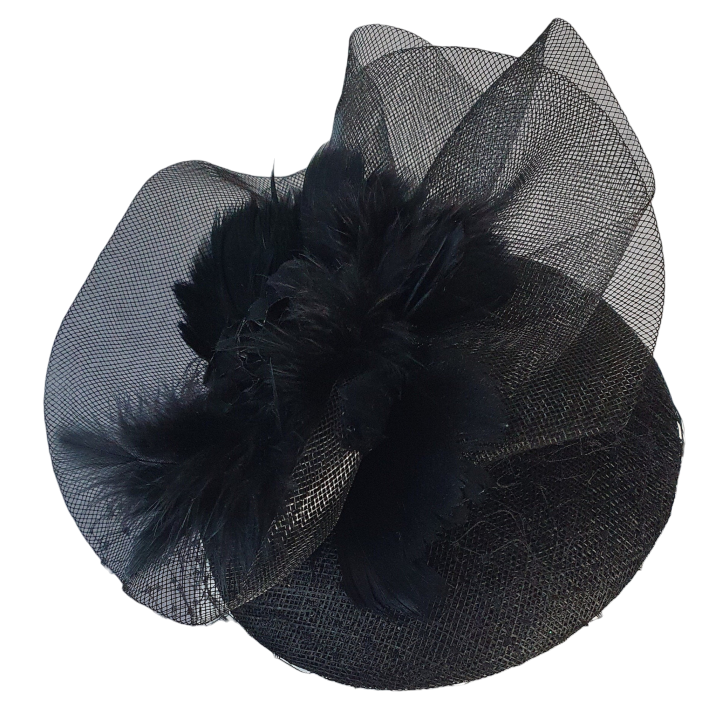 Zwarte fascinator handgemaakt van sinamay, met crinoline haan veren en metalen diadeem, hoofdtooi - Perfect voor feestelijke gelegenheden