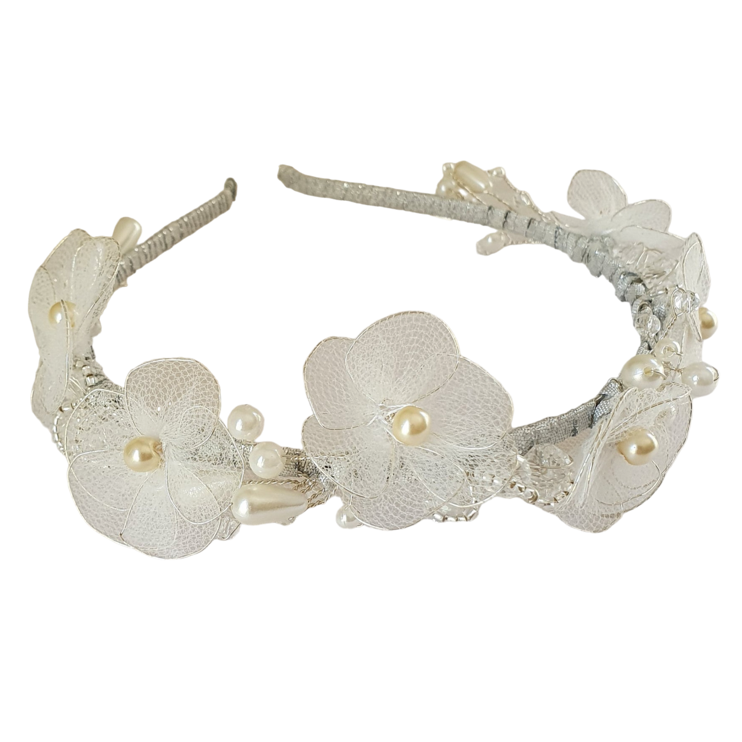 Bruids tiara met tule en kunst parels, bruiloft tiara- Handgemaakte tiara bruids huwelijk, hoofdtooi evenement tiara, haaraccessoires