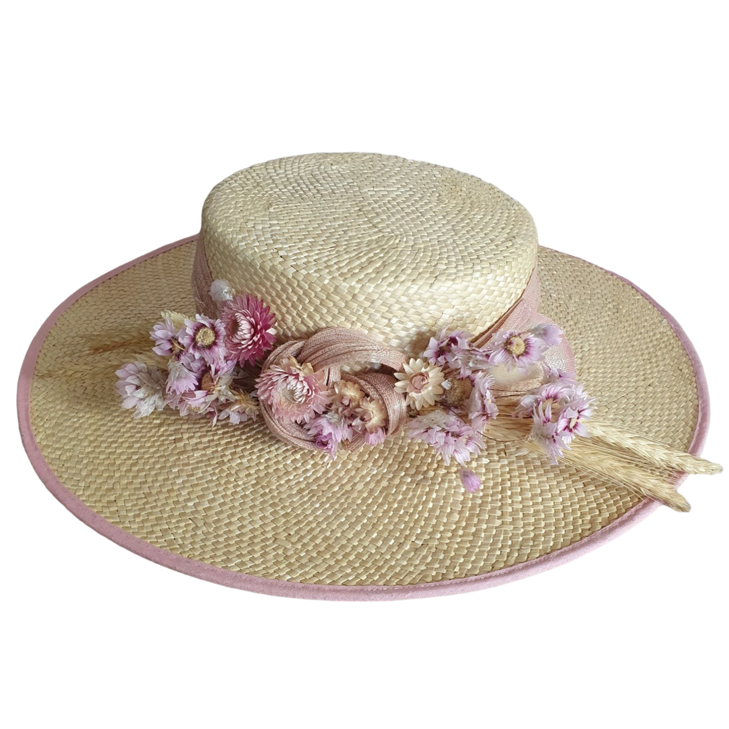 Handgemaakte hoed met abaca zijde en gedroogde bloemen, gastenhoed, strohoed, zomer fascinator, dames hoofdtooi, speciale gelegenheden