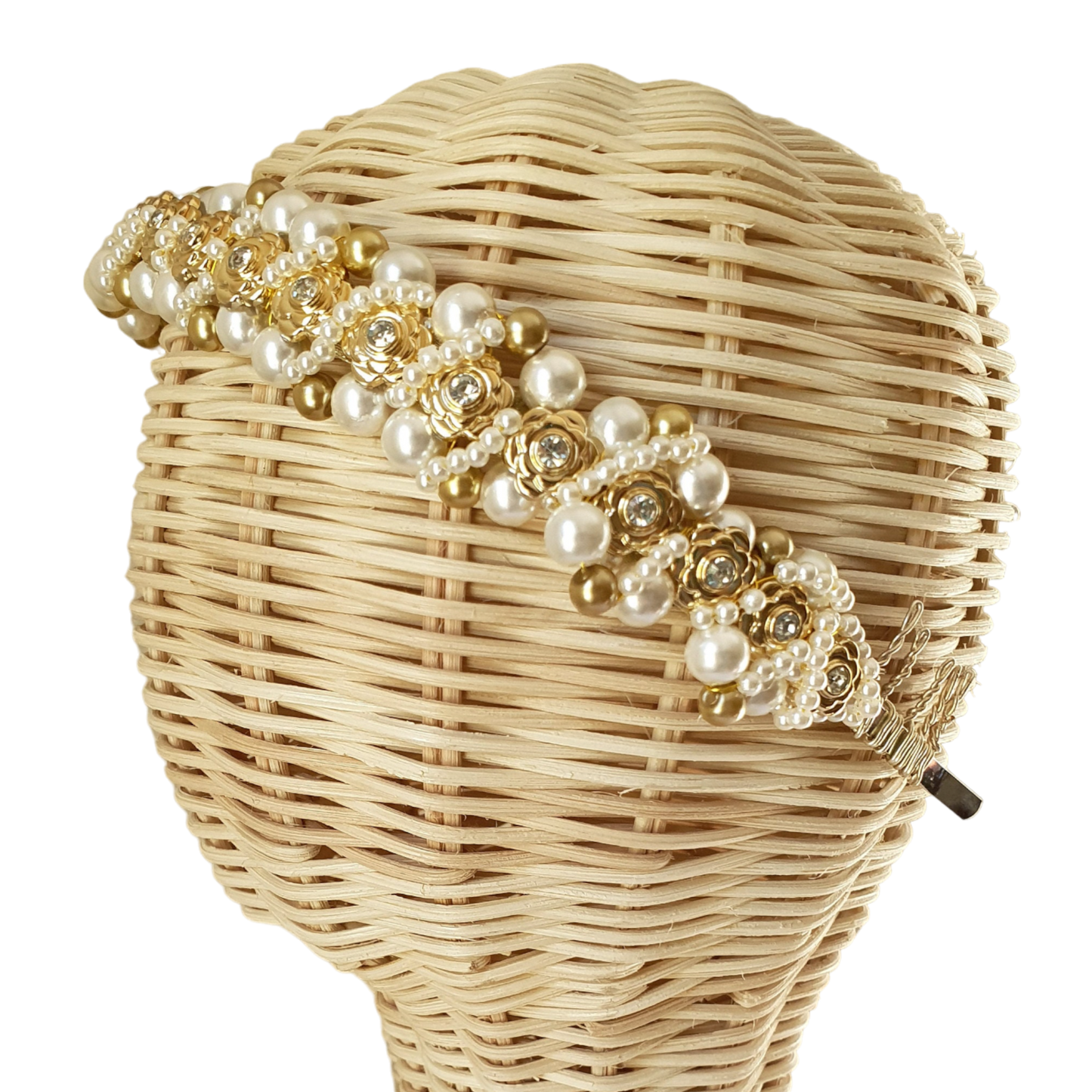 Handgemaakte hoofdband met parels en gouden kunststof rozen - Mooie hoofdband, unieke feestelijke diadeem, bruiloft, speciale gelegenheid