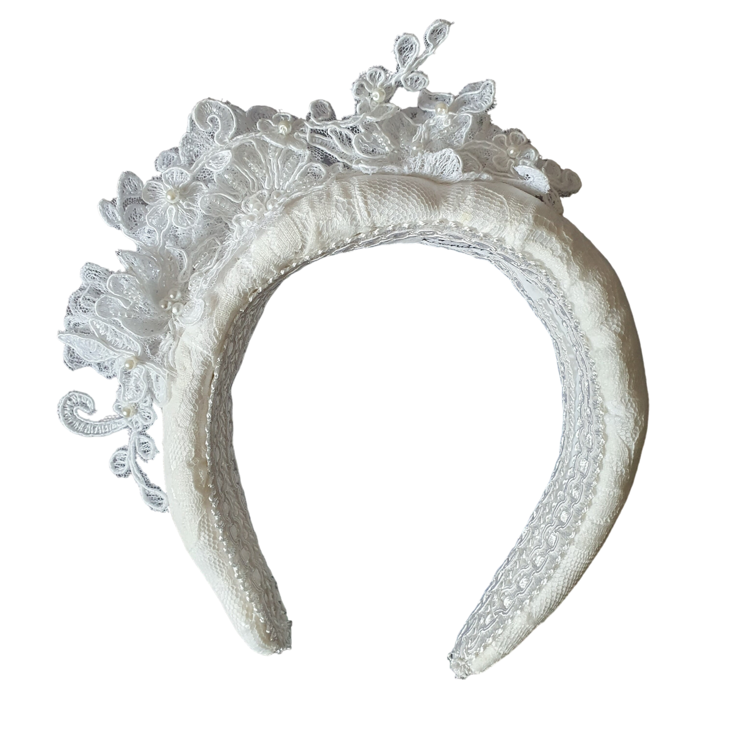 Handgemaakte Witte Haarband met Kant en Bloemen voor Bruiden - Elegant Bruilofts haaraccessoire, Tiara met Parels, Kanten Stof, Metalen Kam