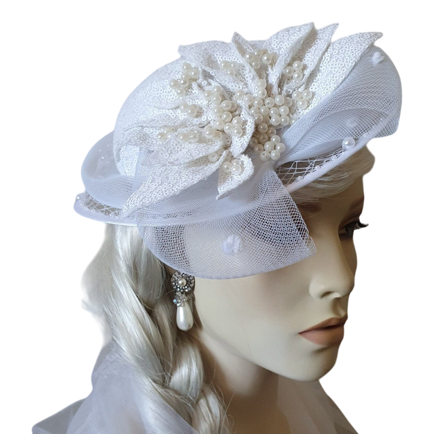 Handgemaakte fascinator van materiaal pailletten crinoline met sluier- perfect voor bruiloften en feestelijke gelegenheden