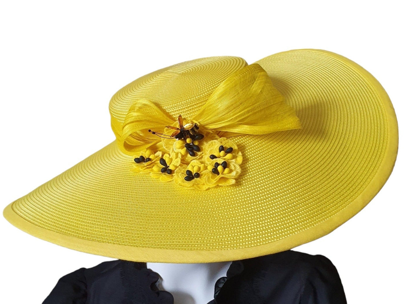 Elegante Gele Polypropyleen Bruiloft Pamela Hoed voor Gasten - Zijden Abaca, Brede Rand, Perfect voor Zomerse Evenementen