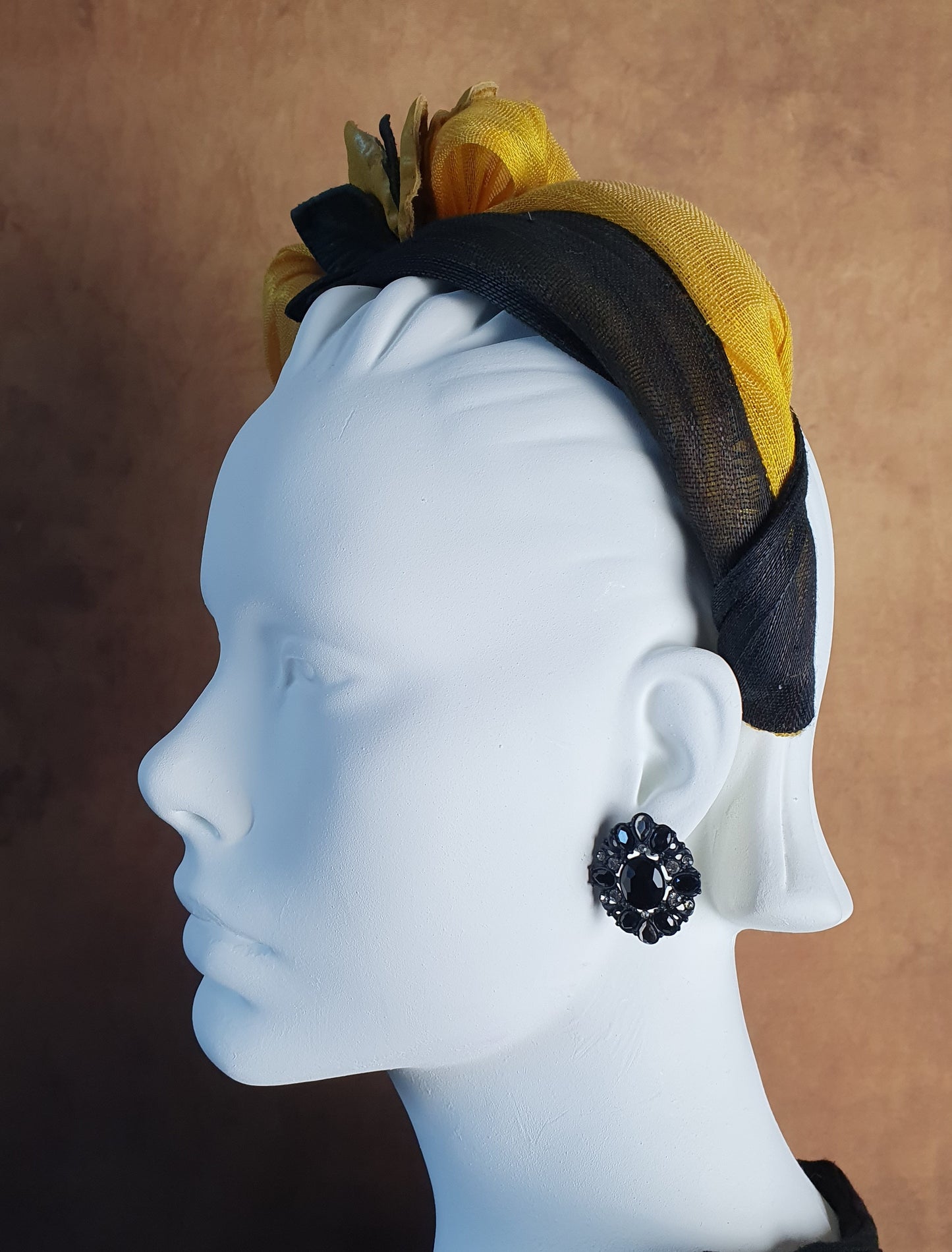 Handmade yellow and black abaca silk headband, fascinator, tiara, guest headband, bridal headband, special occasion