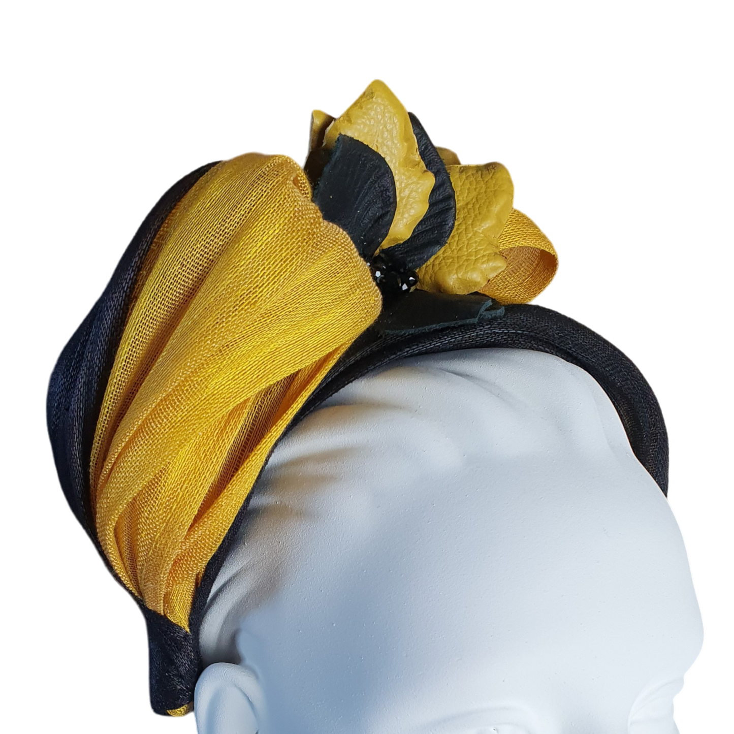 Handmade yellow and black abaca silk headband, fascinator, tiara, guest headband, bridal headband, special occasion