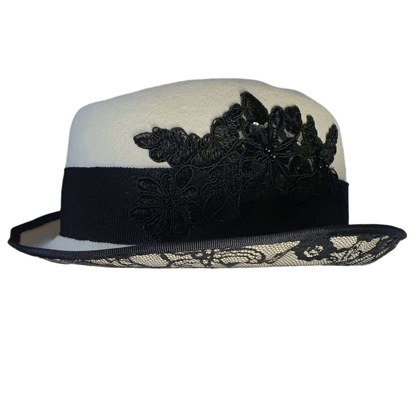 Handmade felt hat black and white, elegant vintage hat fedora with lace -Perfect for autumn &amp; winter and special occasions