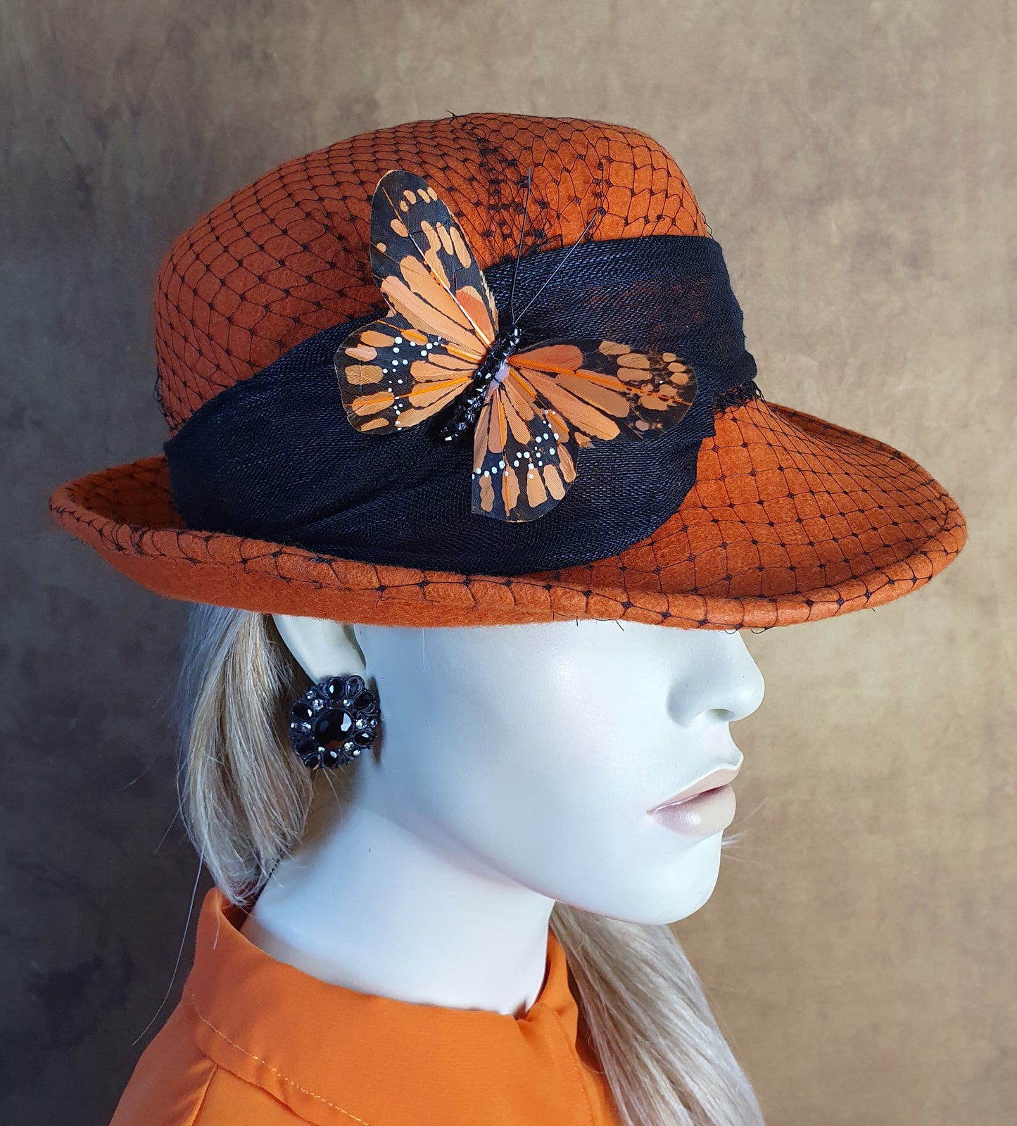 Handmade felt women's hat with silk abaca, veil and butterfly -Perfect for autumn &amp; winter and special occasions