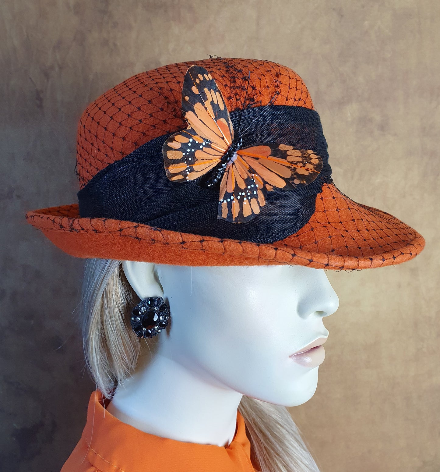 Handmade felt women's hat with silk abaca, veil and butterfly -Perfect for autumn &amp; winter and special occasions