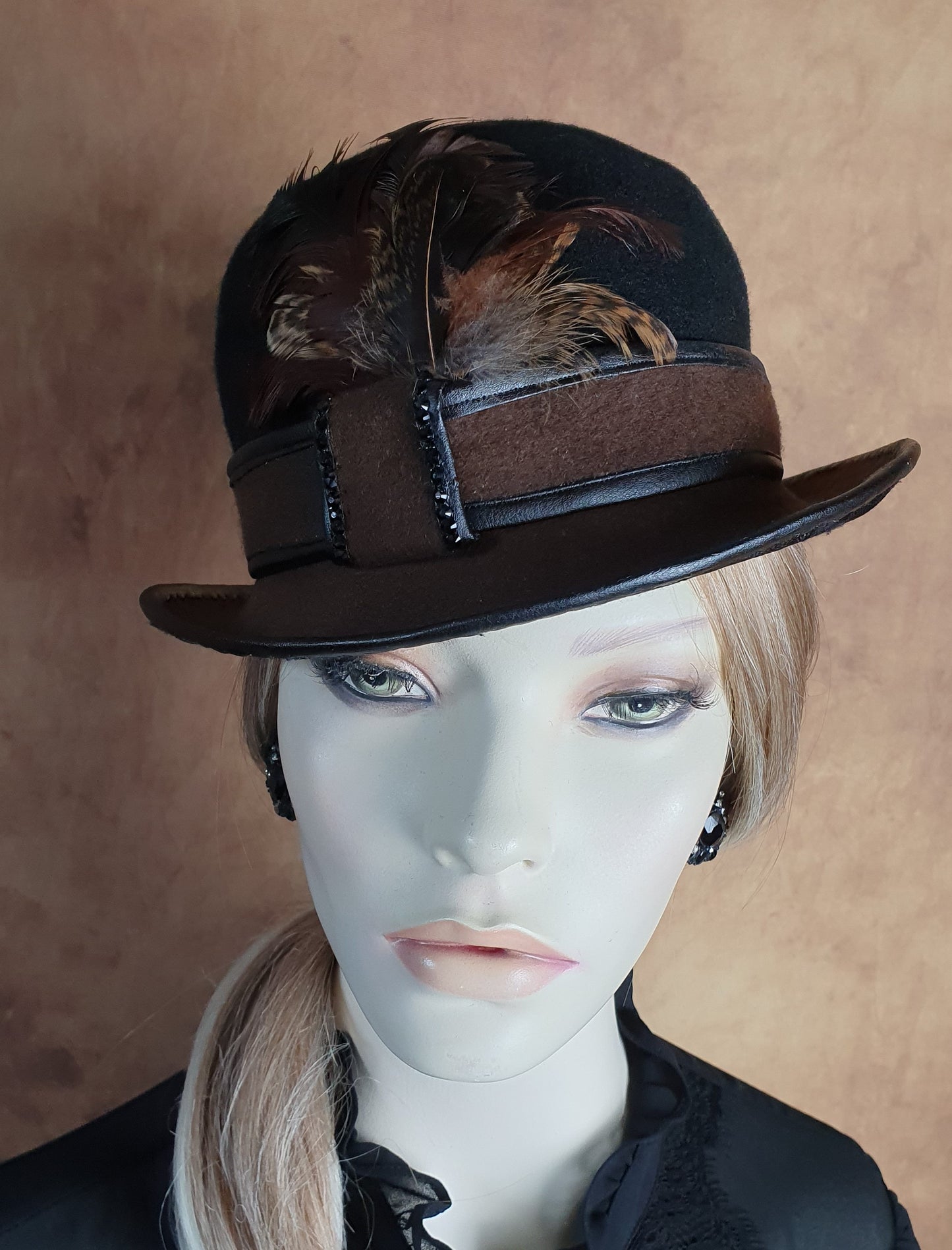 Handmade black and brown felt bowler hat with rooster feathers, ladies bowler hat, vintage bowler hat, derby hat, top hat for special events