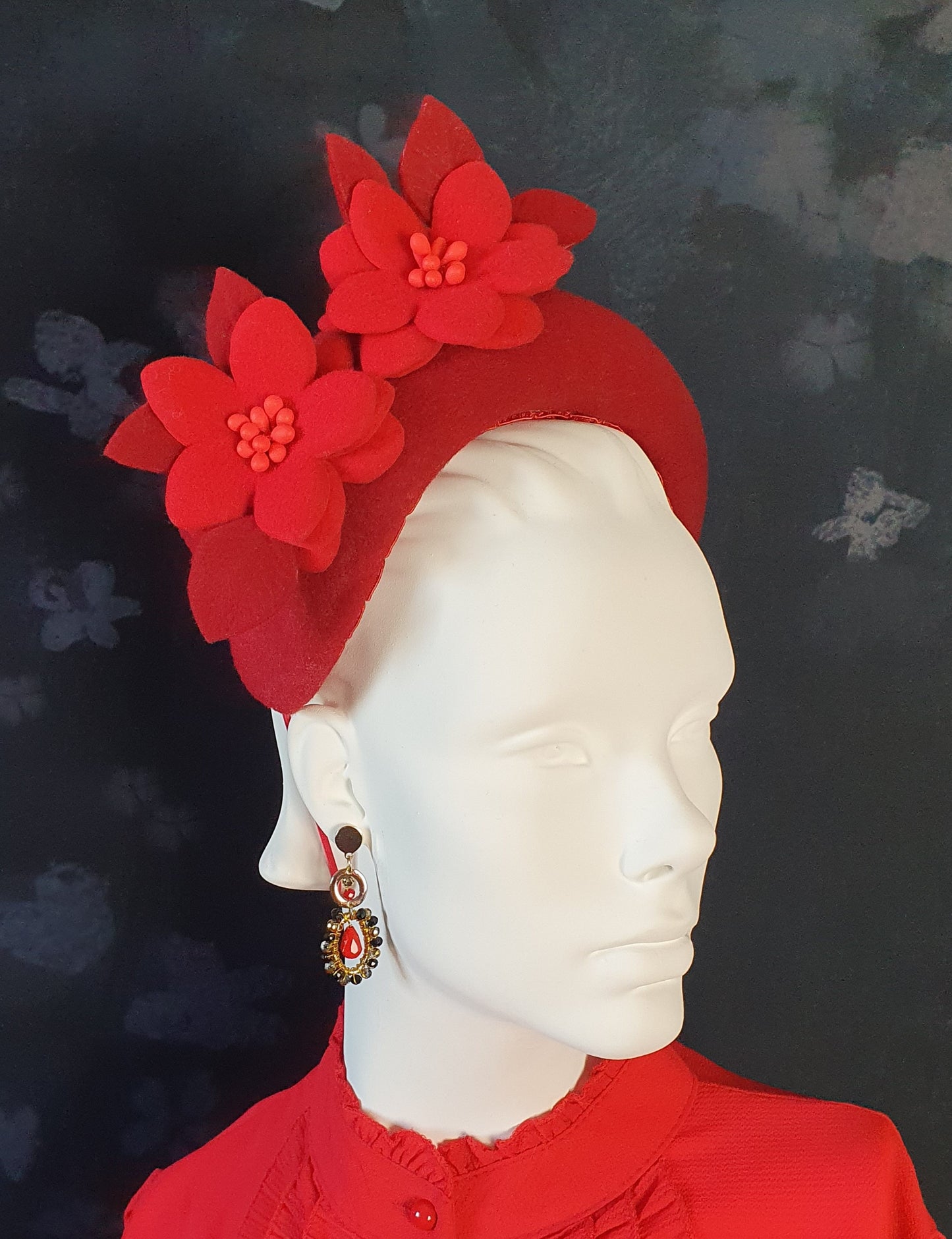Red felt headband with flowers and leaves - handmade accessory for guests, brides &amp; special occasions