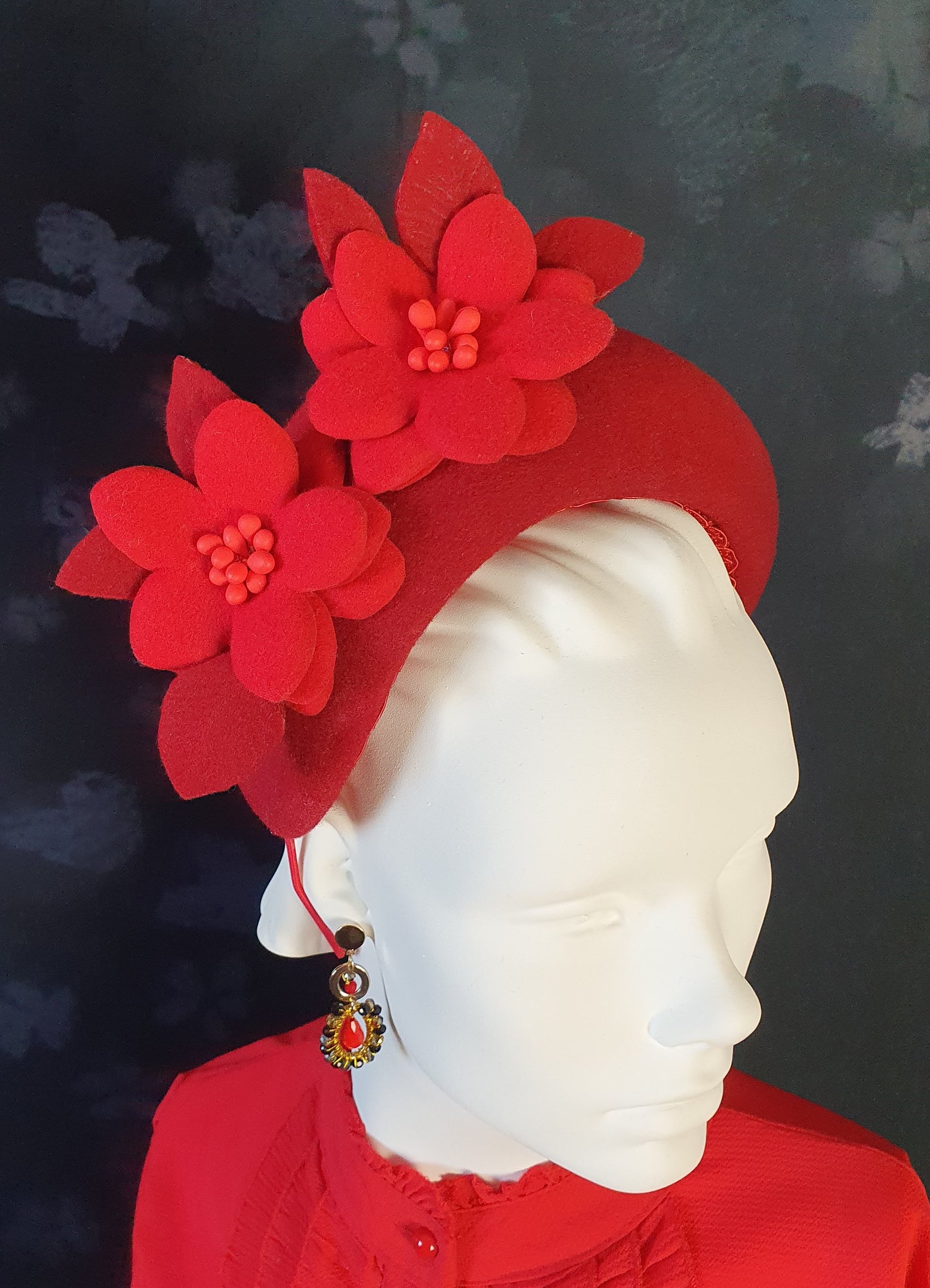 Red felt headband with flowers and leaves - handmade accessory for guests, brides &amp; special occasions