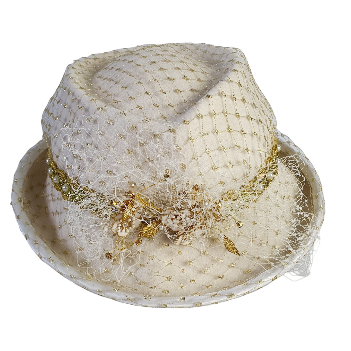 Sombrero de mujer Fedora de fieltro blanco crudo con velo, elegante sombrero de novia hecho a mano, para bodas y otros eventos especiales.