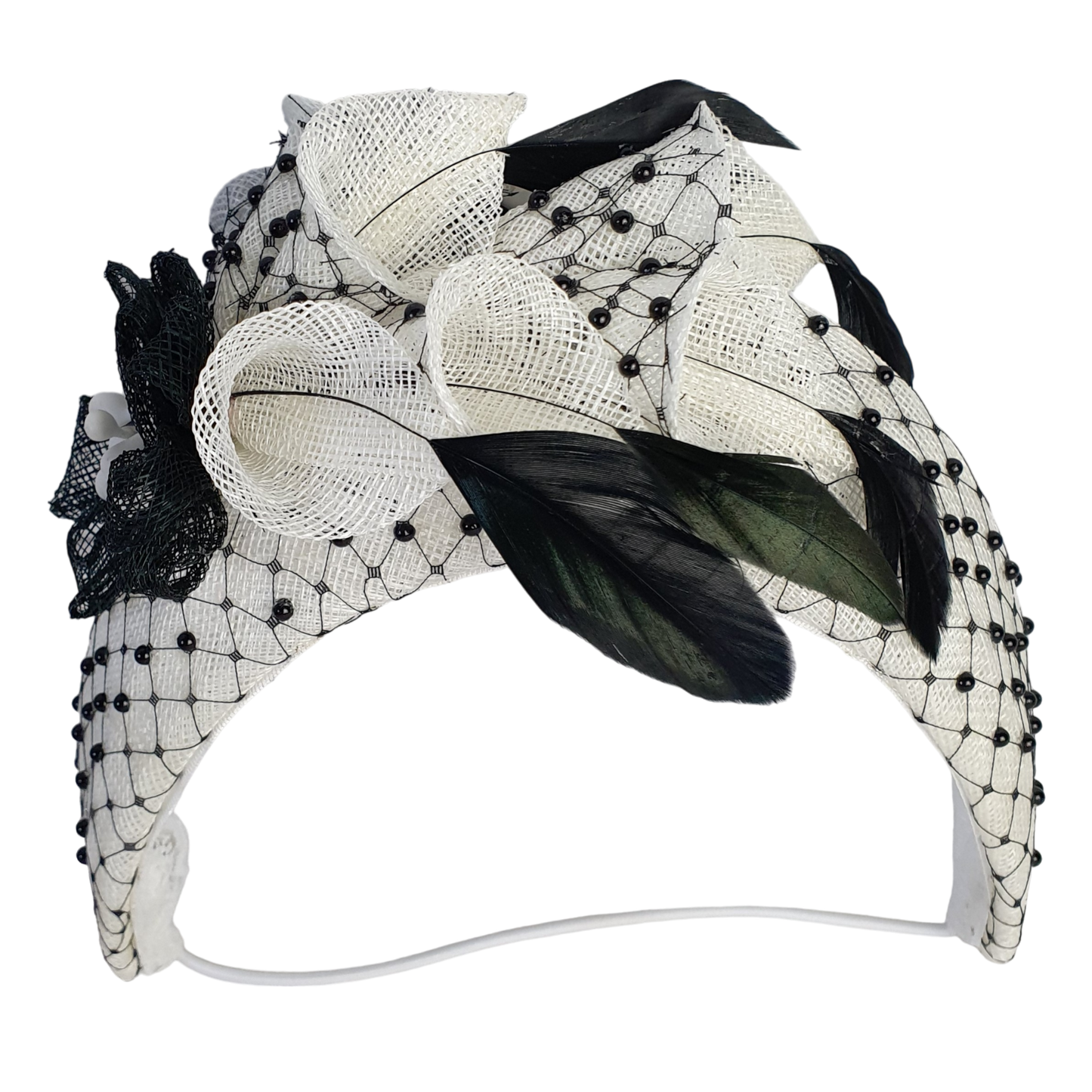 Elegante Handgemaakte Haarband Diadeem - Zwart-Wit met Veren en Meeldraden - Geschikt voor Speciale en Formele Gelegenheden