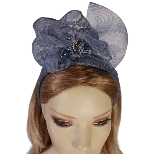 Hoofdband dames blauw met grijs, elegante handgemaakte sinamay hoofdband - Voor een speciale gelegenheid zoals een bruiloft