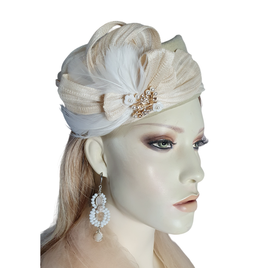 Handmade fascinator from beige felt with swan feathers and abaca silk, elegant ladies hat, pillbox hat, special occasions