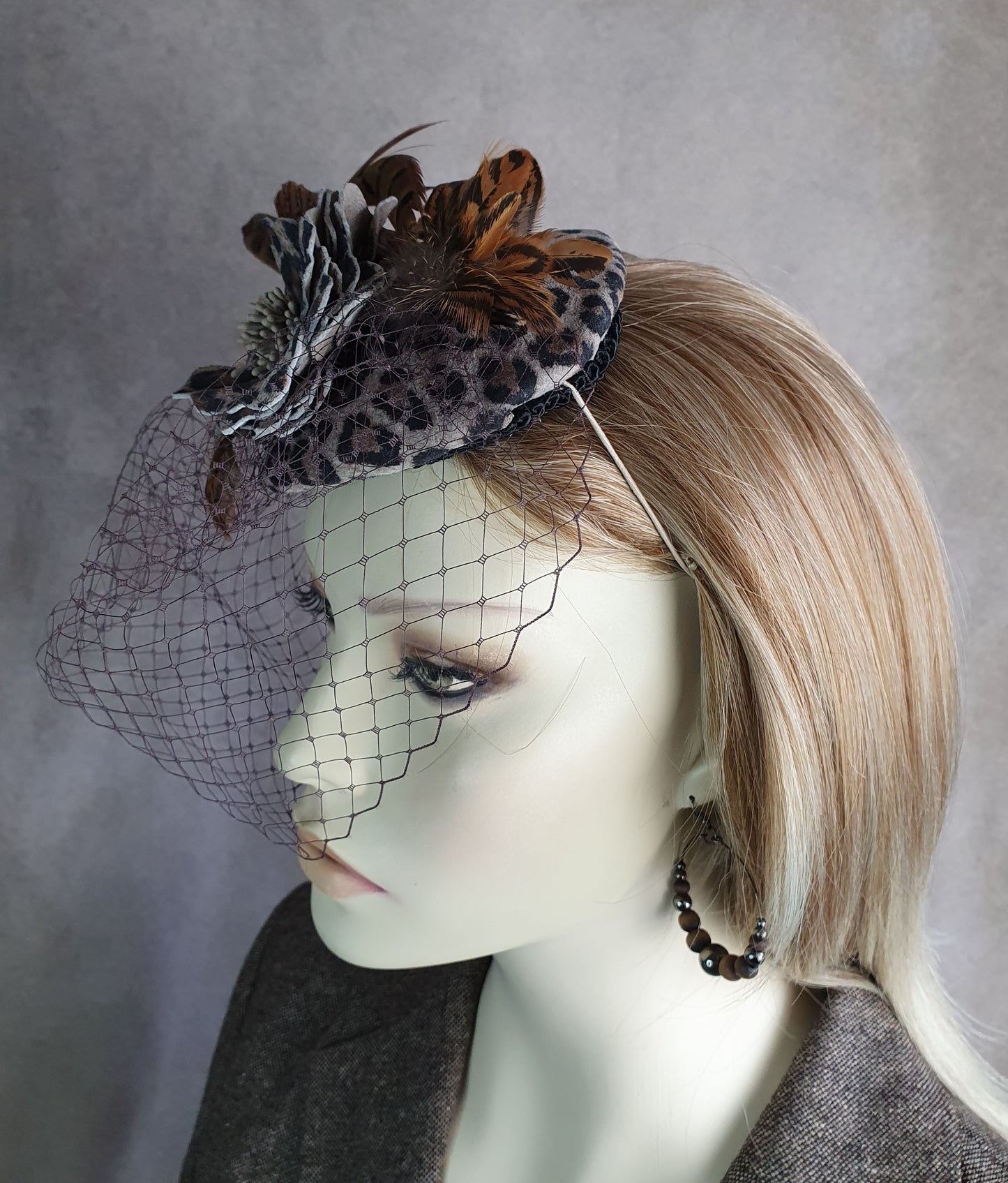 Fascinator handmade in natural tiger print leather, wedding headdress, guest headdress, ladies hat, special occasion