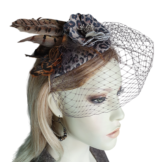 Fascinator handmade in natural tiger print leather, wedding headdress, guest headdress, ladies hat, special occasion