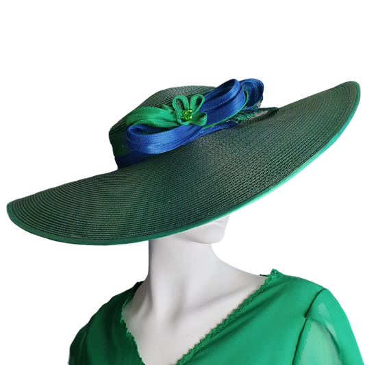 Elegant dark green polypropylene pamela hat with turkey feathers, abaca silk, bridal hat, guest headdress -Perfect for summer events