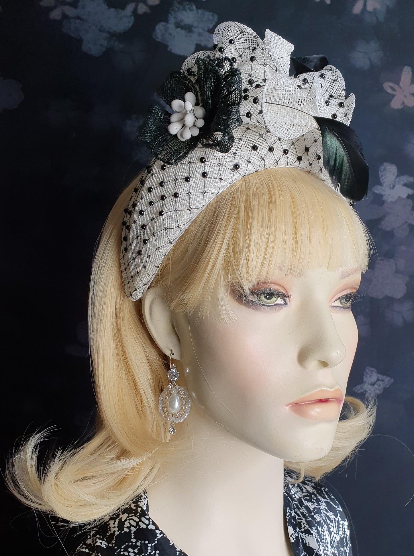 Elegant Handmade Hairband Diadem - Black and White with Feathers and Stamens - Suitable for Special and Formal Occasions
