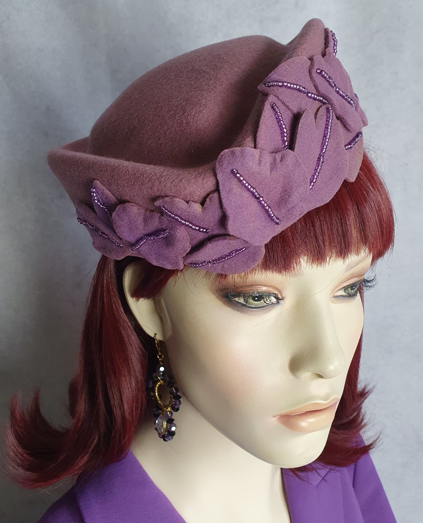 Elegant Women's Felt Hat - Purple Pillbox with Wide Flat Brim - Handmade from organza and beads