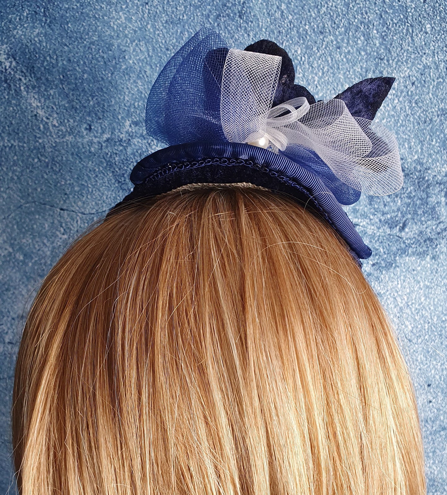 Handmade blue velvet fascinator with crinoline, diadem, guest headdress, wedding, party, ladies headband, special events