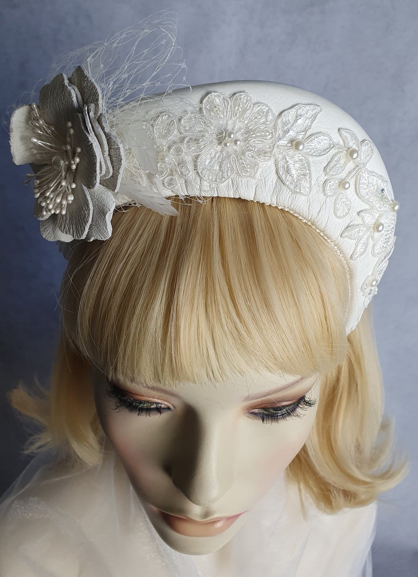 Handmade white Headband made of natural leather - for a special occasion. Fascinator, Tiara, Hairband, Headband