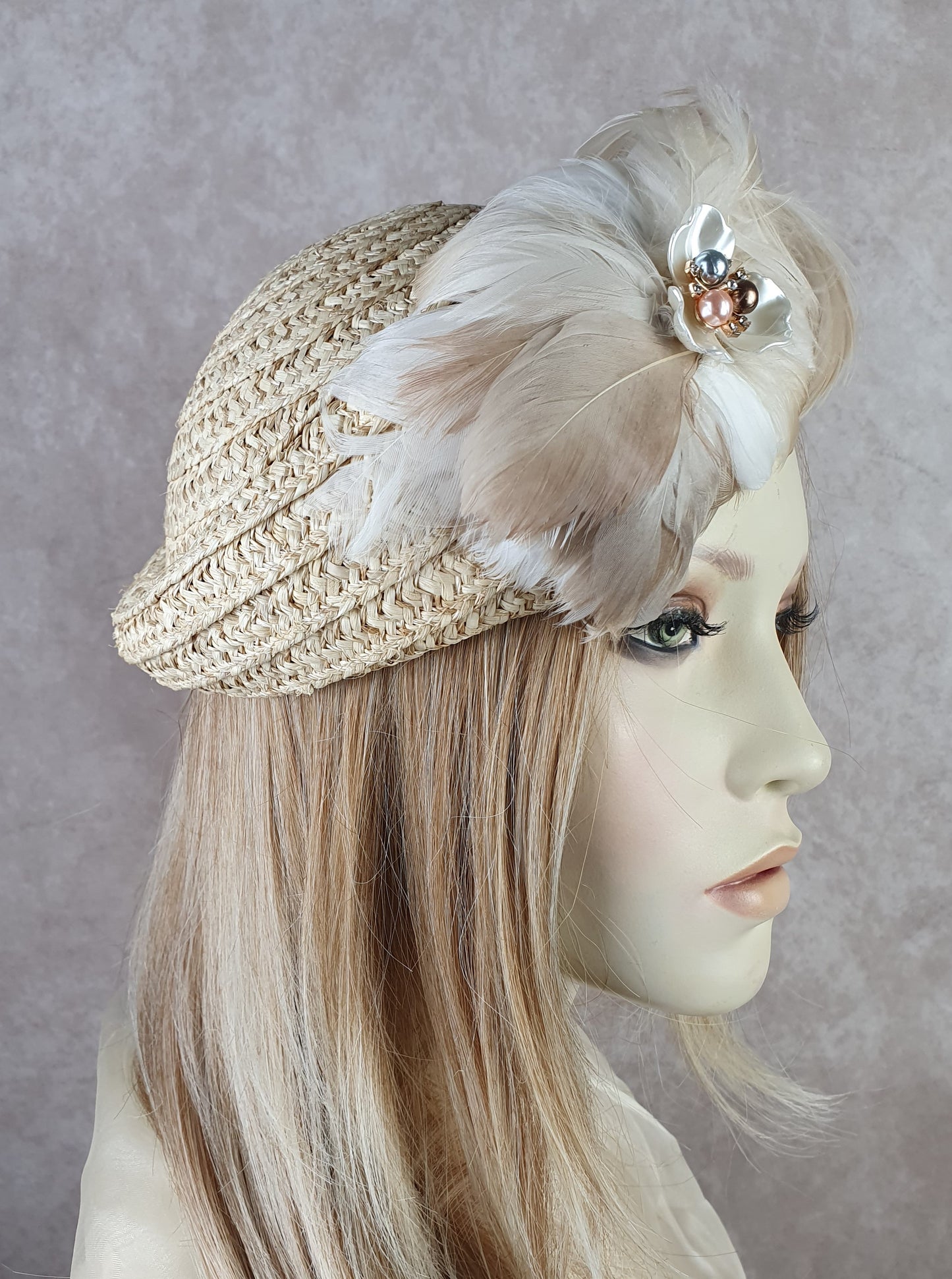 Handmade beige straw pillbox hat with swan feathers, elegant ladies headdress, summer hat for weddings and special events.