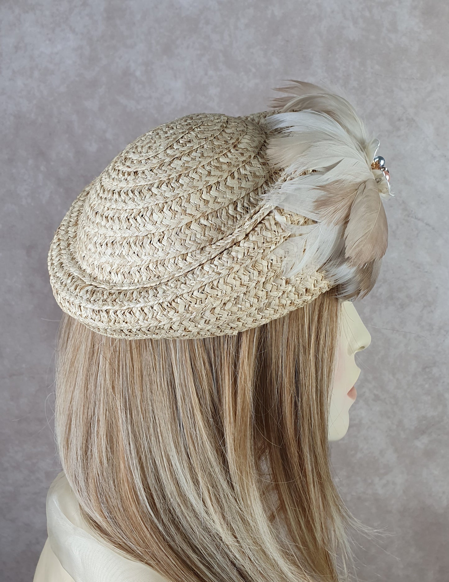 Handmade beige straw pillbox hat with swan feathers, elegant ladies headdress, summer hat for weddings and special events.