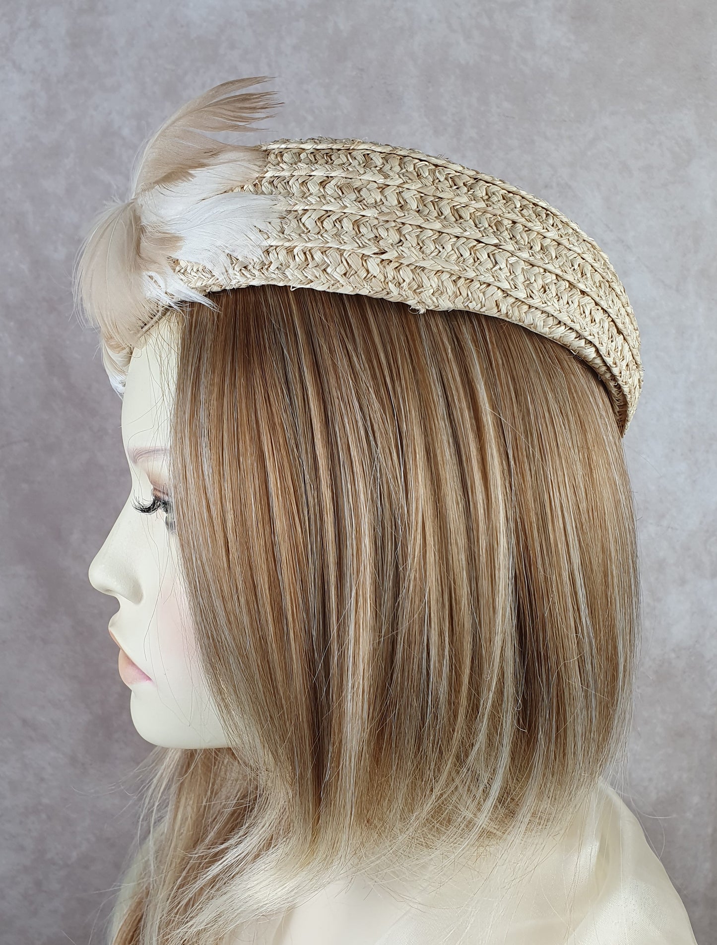 Handmade beige straw pillbox hat with swan feathers, elegant ladies headdress, summer hat for weddings and special events.