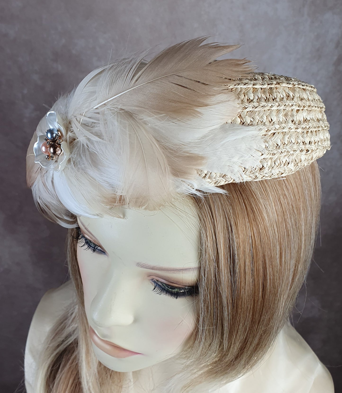 Handmade beige straw pillbox hat with swan feathers, elegant ladies headdress, summer hat for weddings and special events.