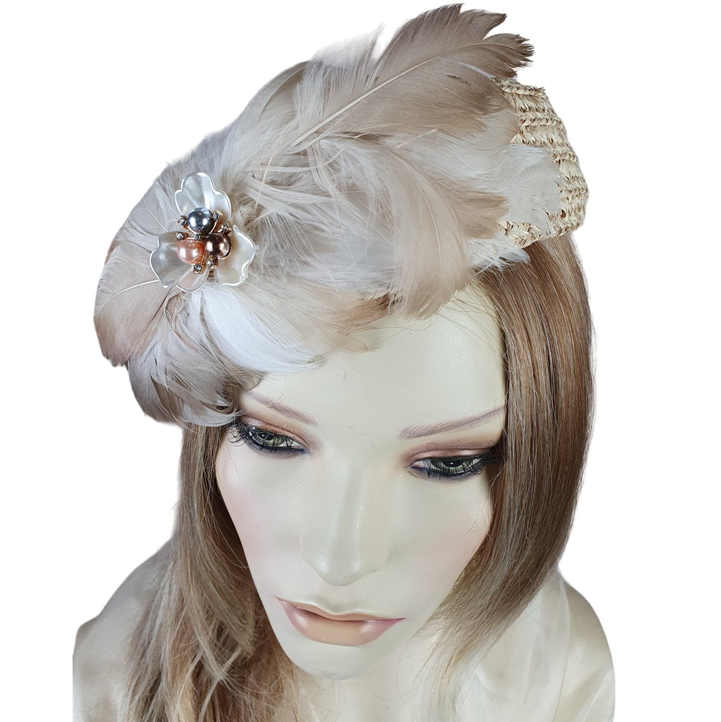 Handmade beige straw pillbox hat with swan feathers, elegant ladies headdress, summer hat for weddings and special events.